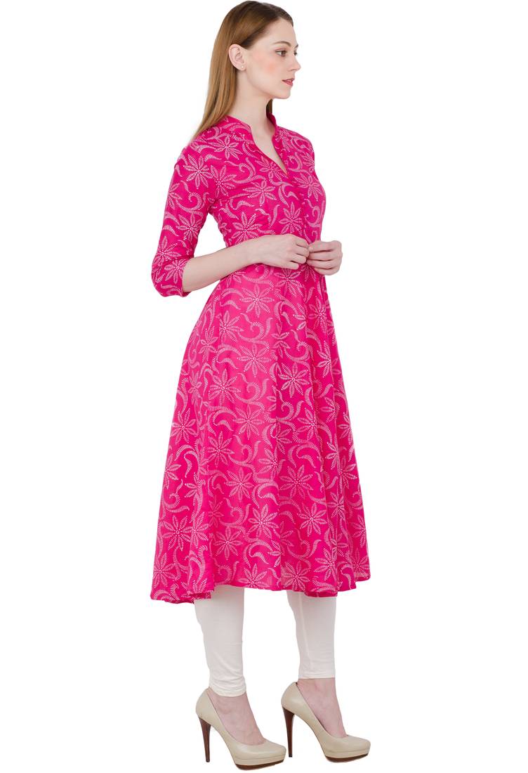 Pink printed cotton long kurtis