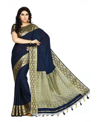 Mimosa Navy Blue Crepe Kanjivaram Style Saree With Blouse 2