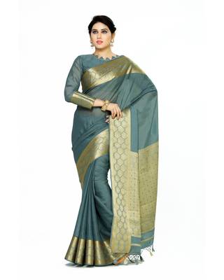Mimosa Teal Crepe Kanjivaram Style Saree With Blouse 1