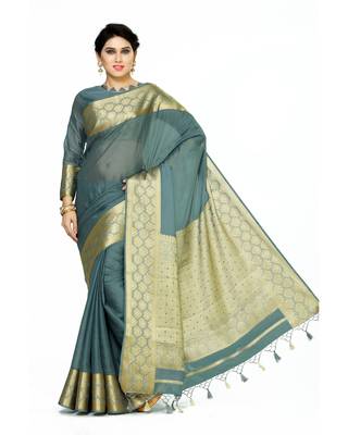 Mimosa Teal Crepe Kanjivaram Style Saree With Blouse 2