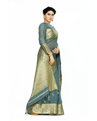 Mimosa Teal Crepe Kanjivaram Style Saree With Blouse 3