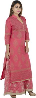 Pink printed cotton long kurtis 2