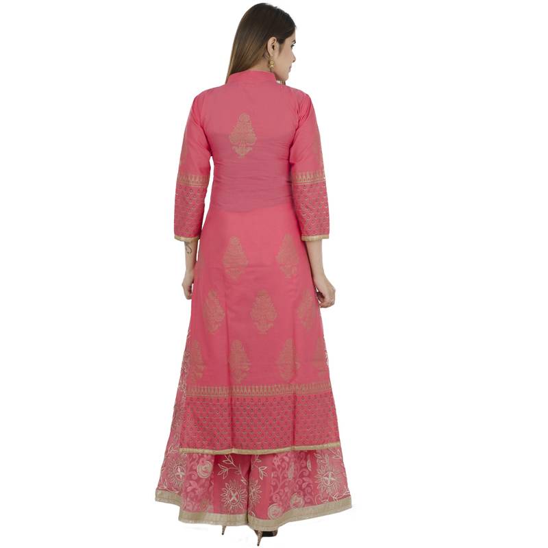 Pink printed cotton long kurtis