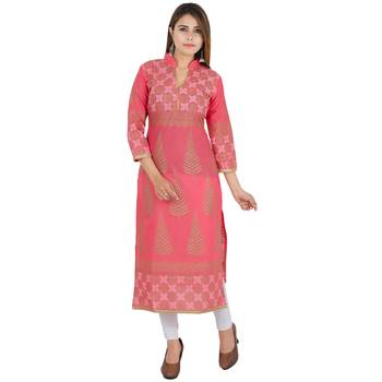 Pink printed cotton long kurtis 1