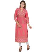 Pink printed cotton long kurtis