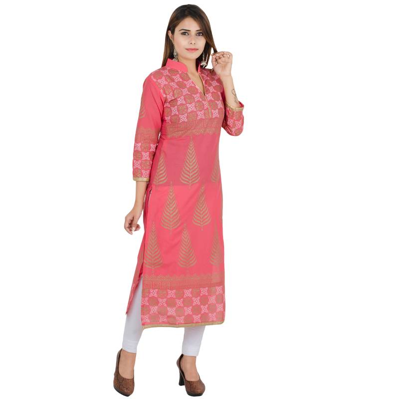 Pink printed cotton long kurtis