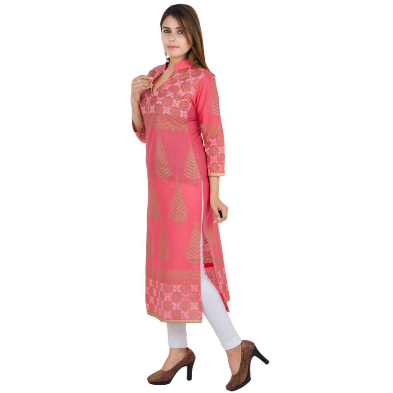 Pink printed cotton long kurtis