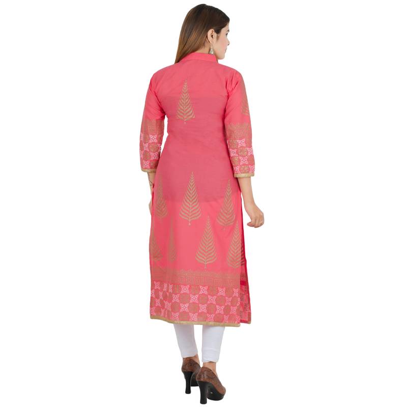 Pink printed cotton long kurtis