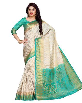 Mimosa Beige Art Silk Kanchipuram Style Saree With Blouse 2