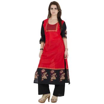 Red printed cotton long kurtis 1