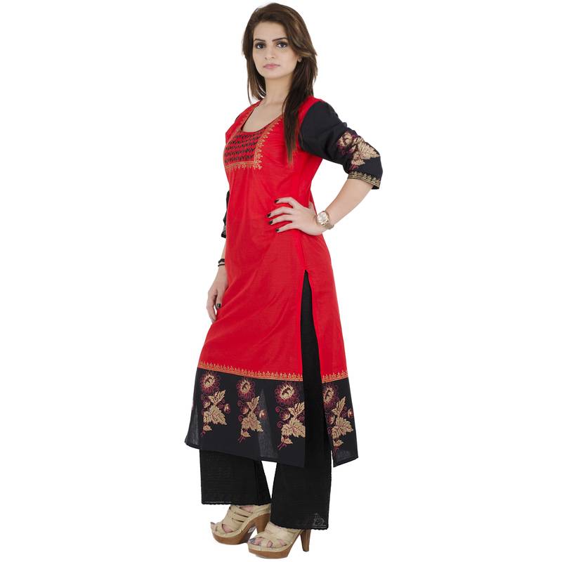 Red printed cotton long kurtis