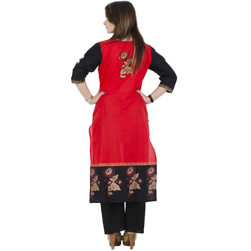 Red printed cotton long kurtis