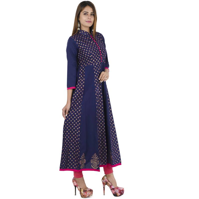 Blue printed cotton long kurtis