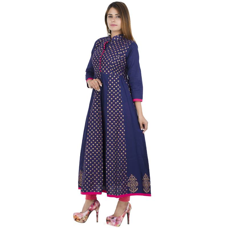 Blue printed cotton long kurtis