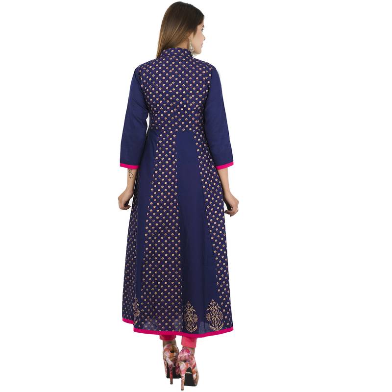Blue printed cotton long kurtis