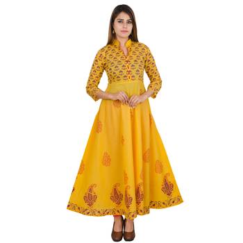 Yellow printed cotton long kurtis 1