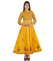 Yellow printed cotton long kurtis