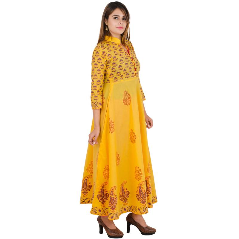Yellow printed cotton long kurtis