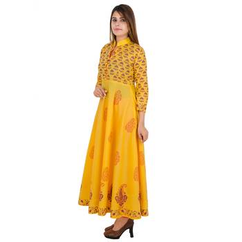 Yellow printed cotton long kurtis 3