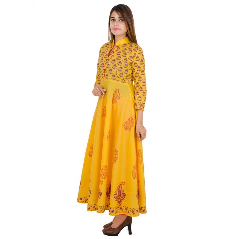 Yellow printed cotton long kurtis