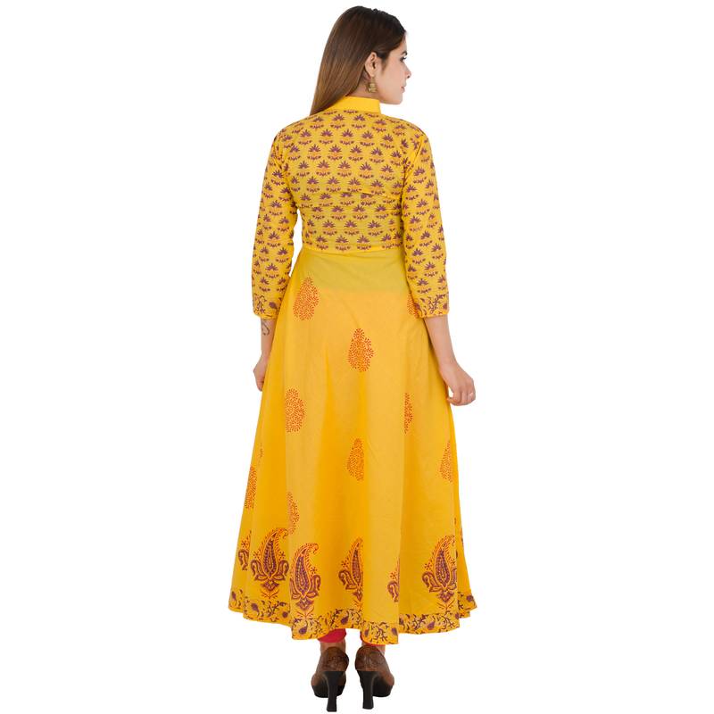 Yellow printed cotton long kurtis