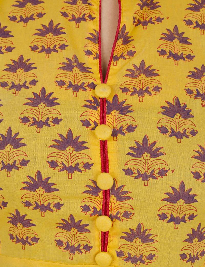 Yellow printed cotton long kurtis