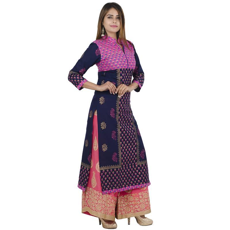 Blue printed cotton long kurtis