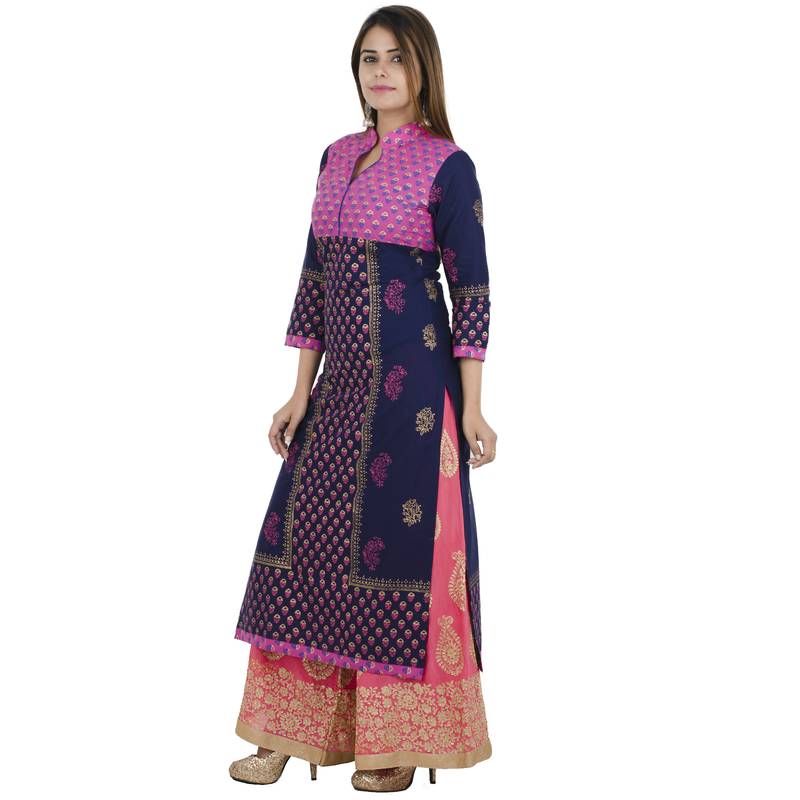 Blue printed cotton long kurtis