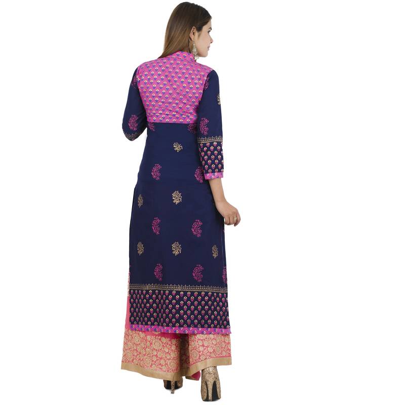 Blue printed cotton long kurtis