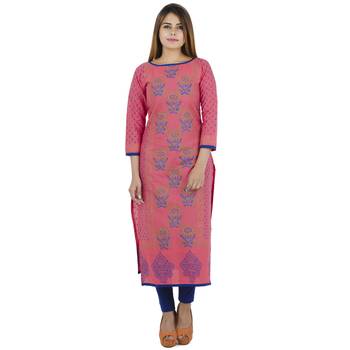 Pink printed cotton long kurtis 1
