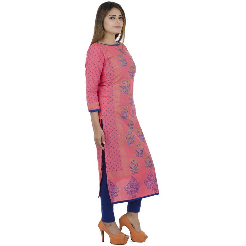 Pink printed cotton long kurtis