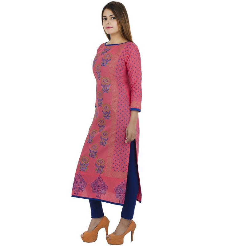 Pink printed cotton long kurtis