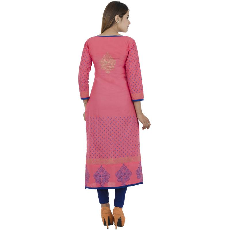 Pink printed cotton long kurtis