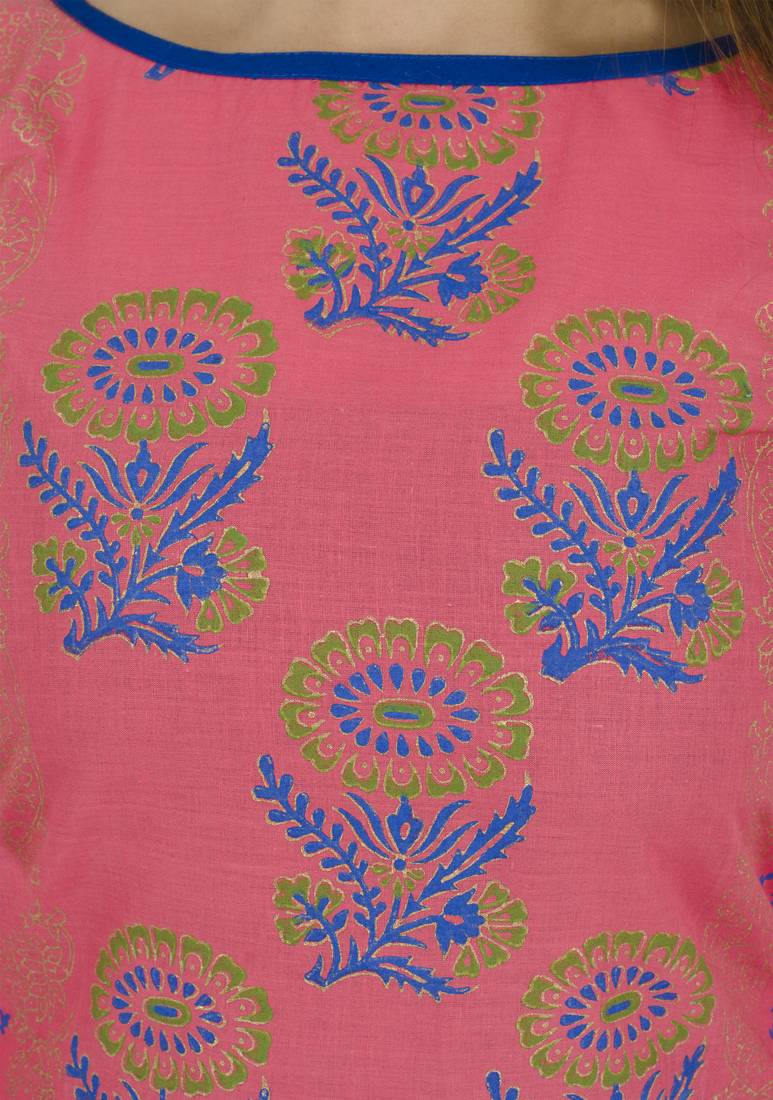 Pink printed cotton long kurtis
