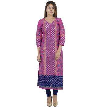 Pink printed cotton long kurtis 1