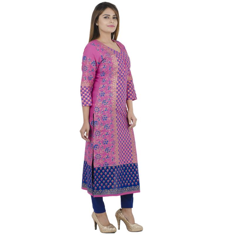 Pink printed cotton long kurtis