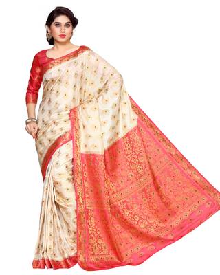 Mimosa Beige Art Silk Kanchipuram Style Saree With Blouse 2