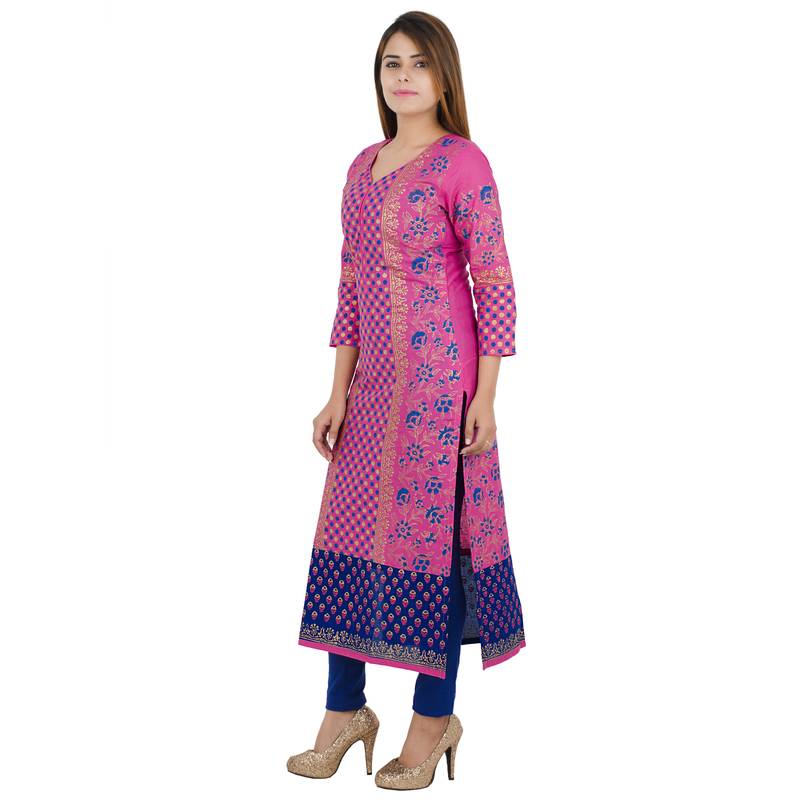 Pink printed cotton long kurtis