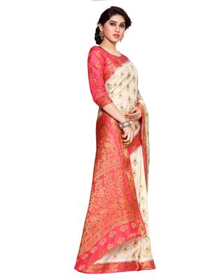 Mimosa Beige Art Silk Kanchipuram Style Saree With Blouse 3