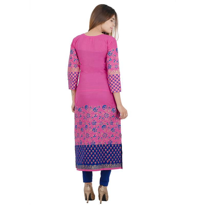 Pink printed cotton long kurtis