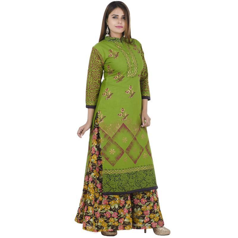 Green printed cotton long kurtis