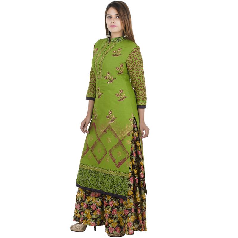 Green printed cotton long kurtis