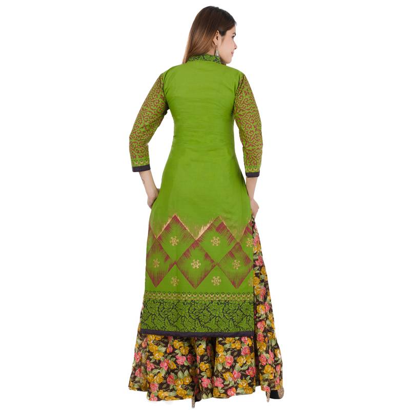 Green printed cotton long kurtis
