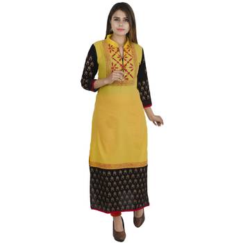 Yellow printed cotton long kurtis 1