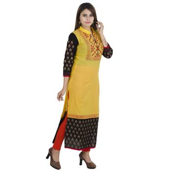 Yellow printed cotton long kurtis 2