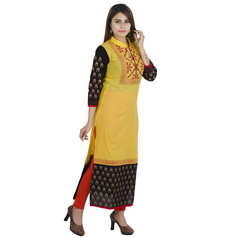 Yellow printed cotton long kurtis