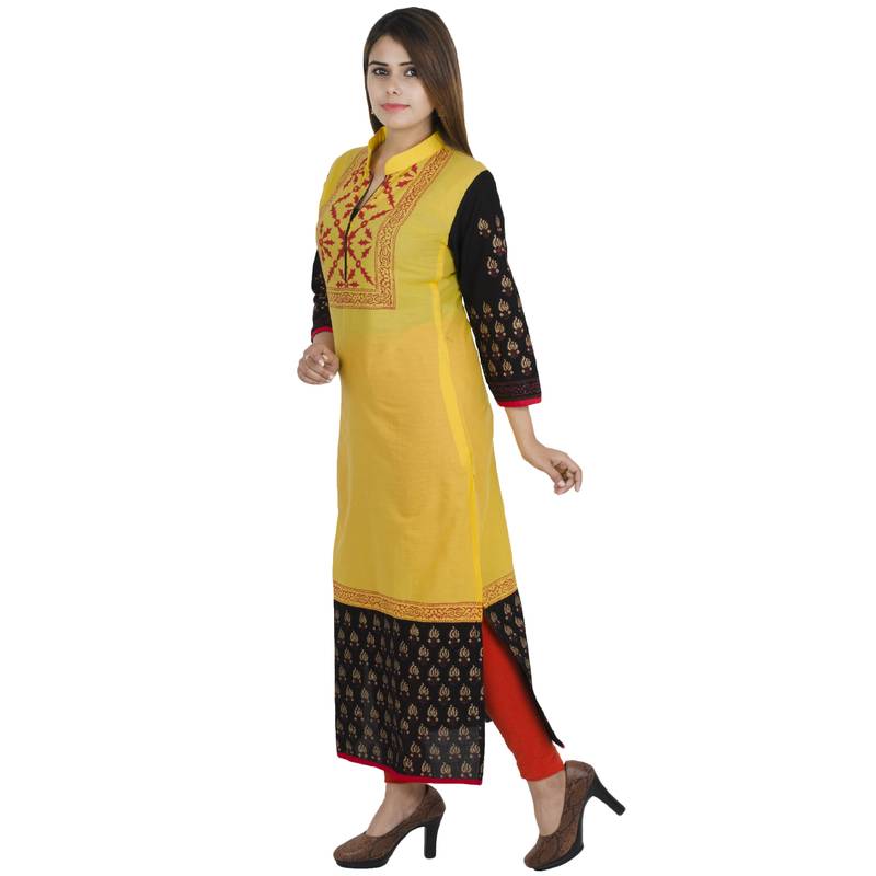 Yellow printed cotton long kurtis