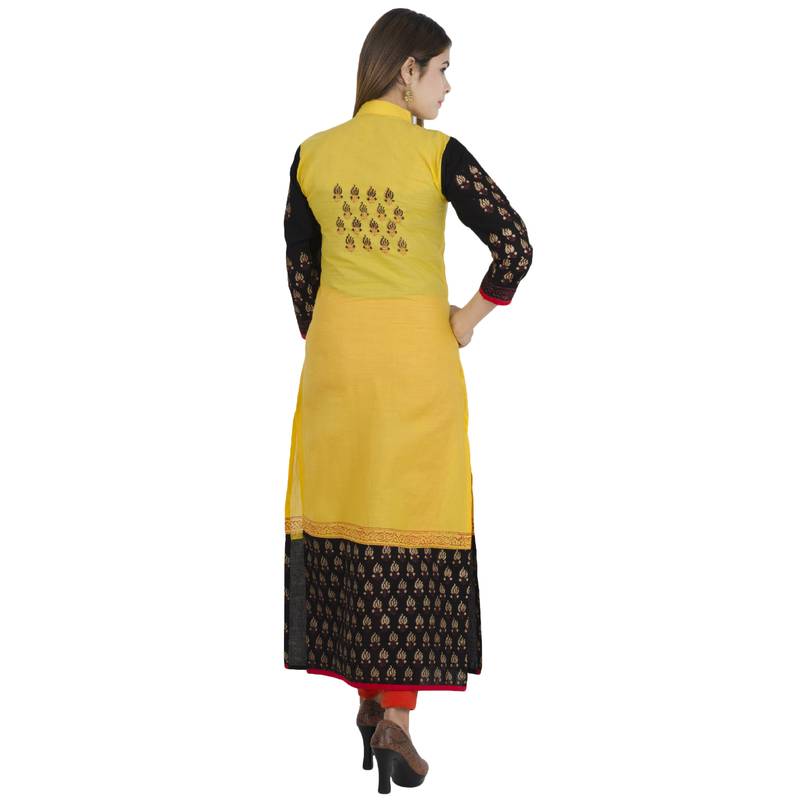 Yellow printed cotton long kurtis