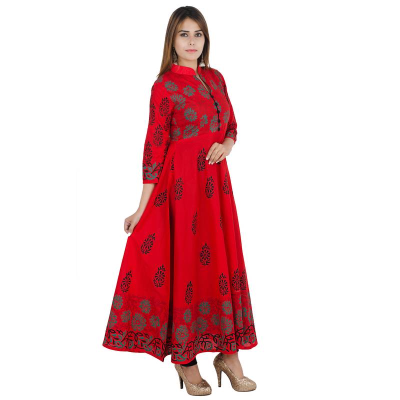 Red printed cotton long kurtis