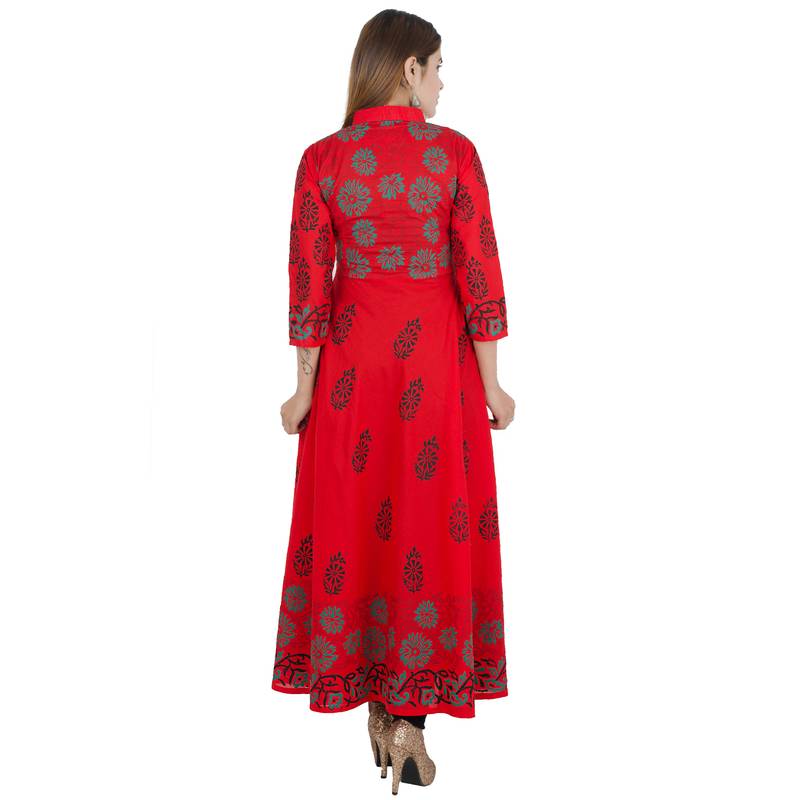 Red printed cotton long kurtis